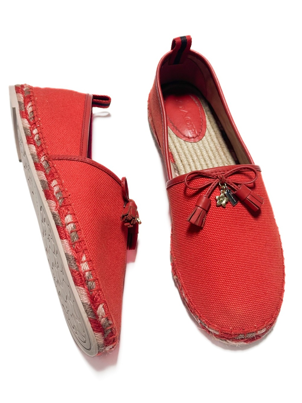 Coach Madison Espadrille Flats Orange Red Coral Tassel Bow Flower Charm Moccasin